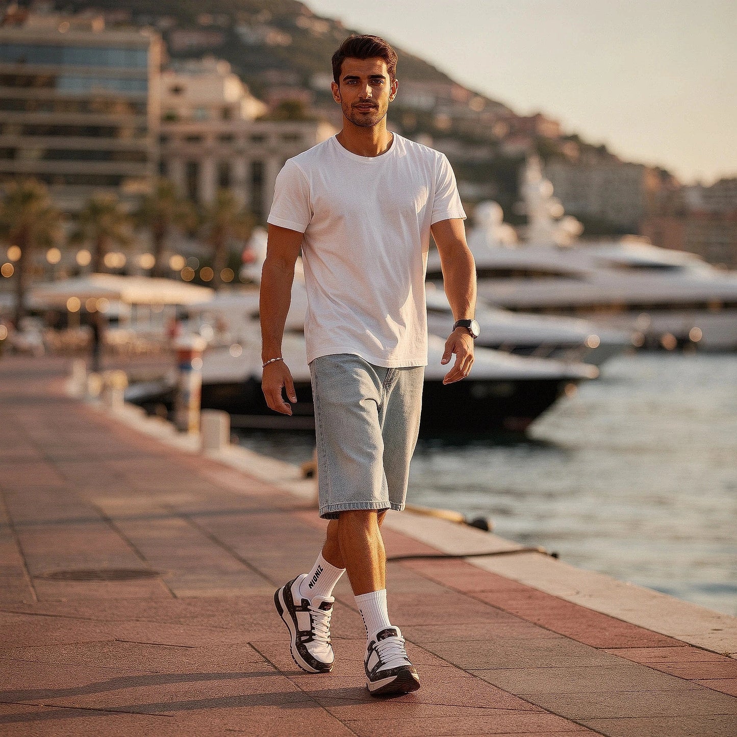 View of trendy loose straight leg denim shorts in light blue, featuring frayed hems and classic five pocket design
