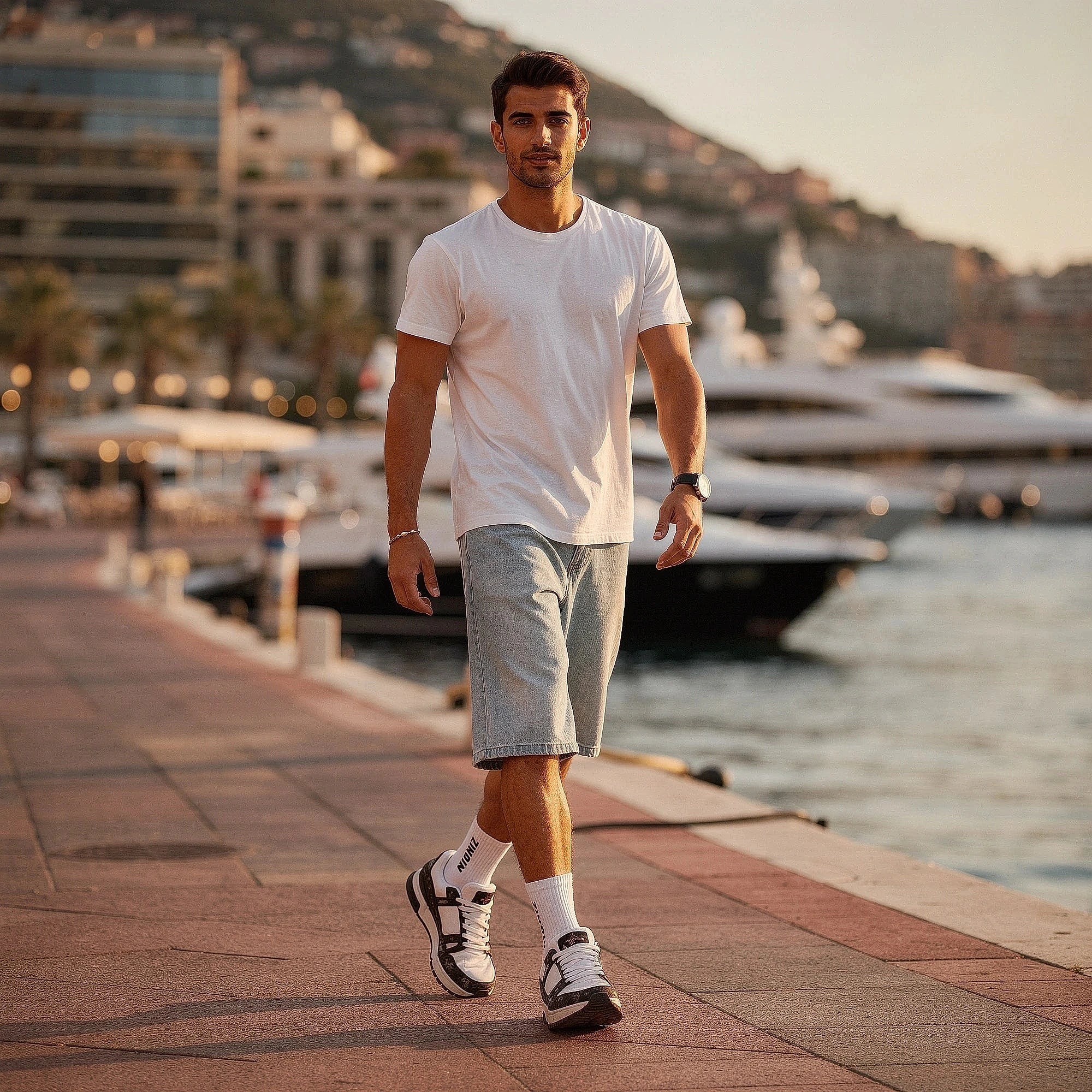 View of trendy loose straight leg denim shorts in light blue, featuring frayed hems and classic five pocket design