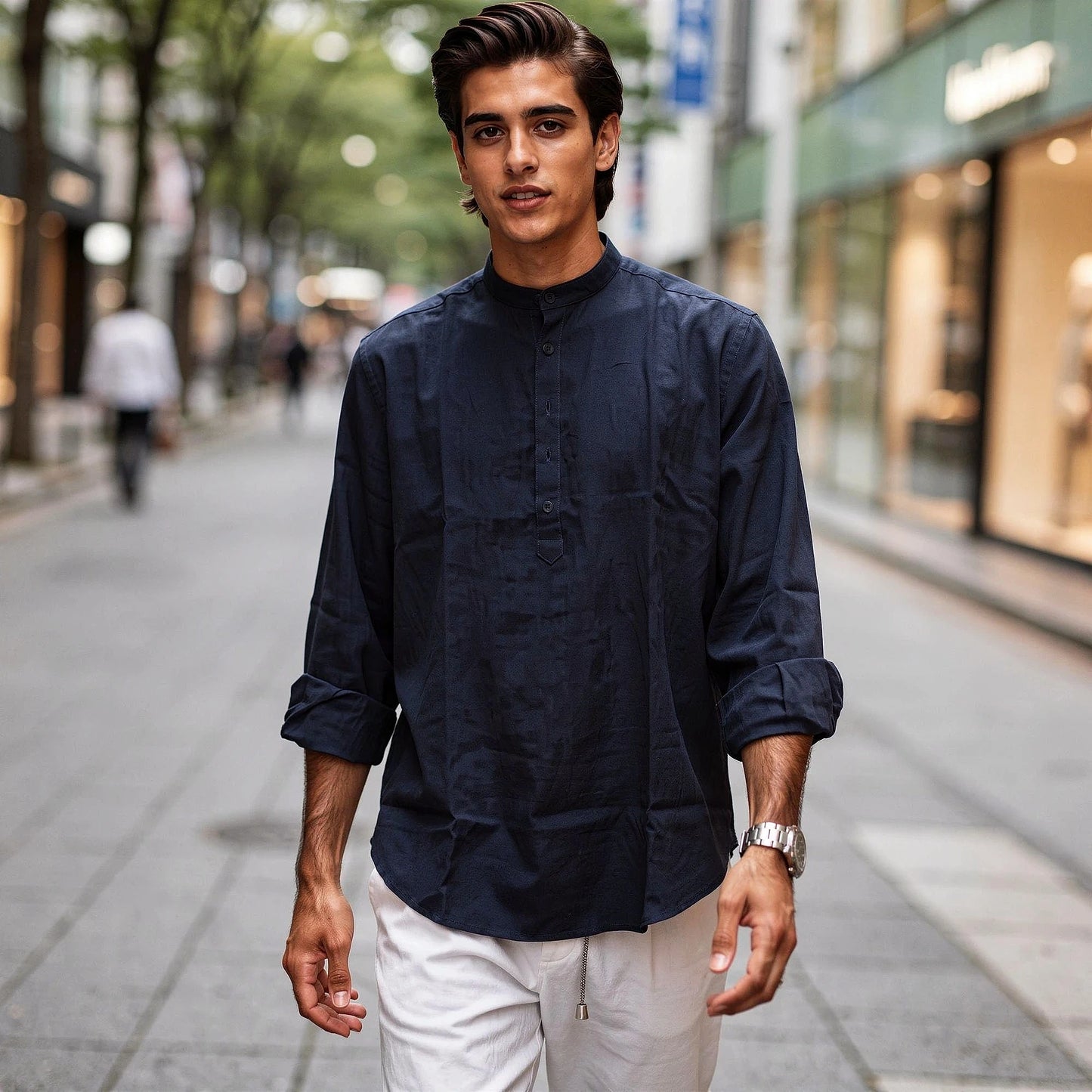 View of a lightweight, breathable summer henley shirt in light gray, featuring a three button placket and short sleeves