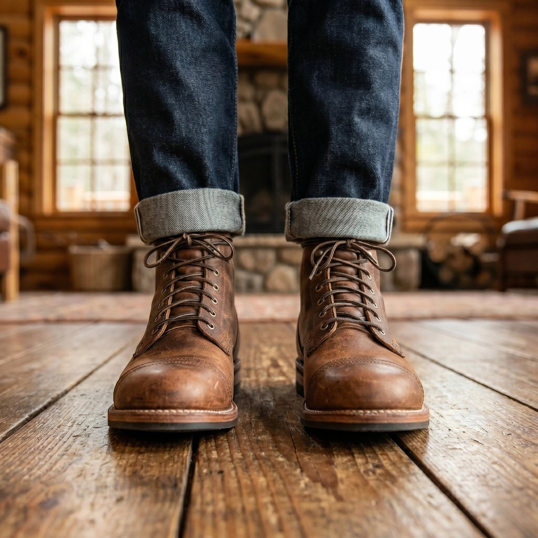 Close up of the men's rugged orthopedic lace up boots showing the premium fabric, intricate stitching, and robust design elements for durable style.