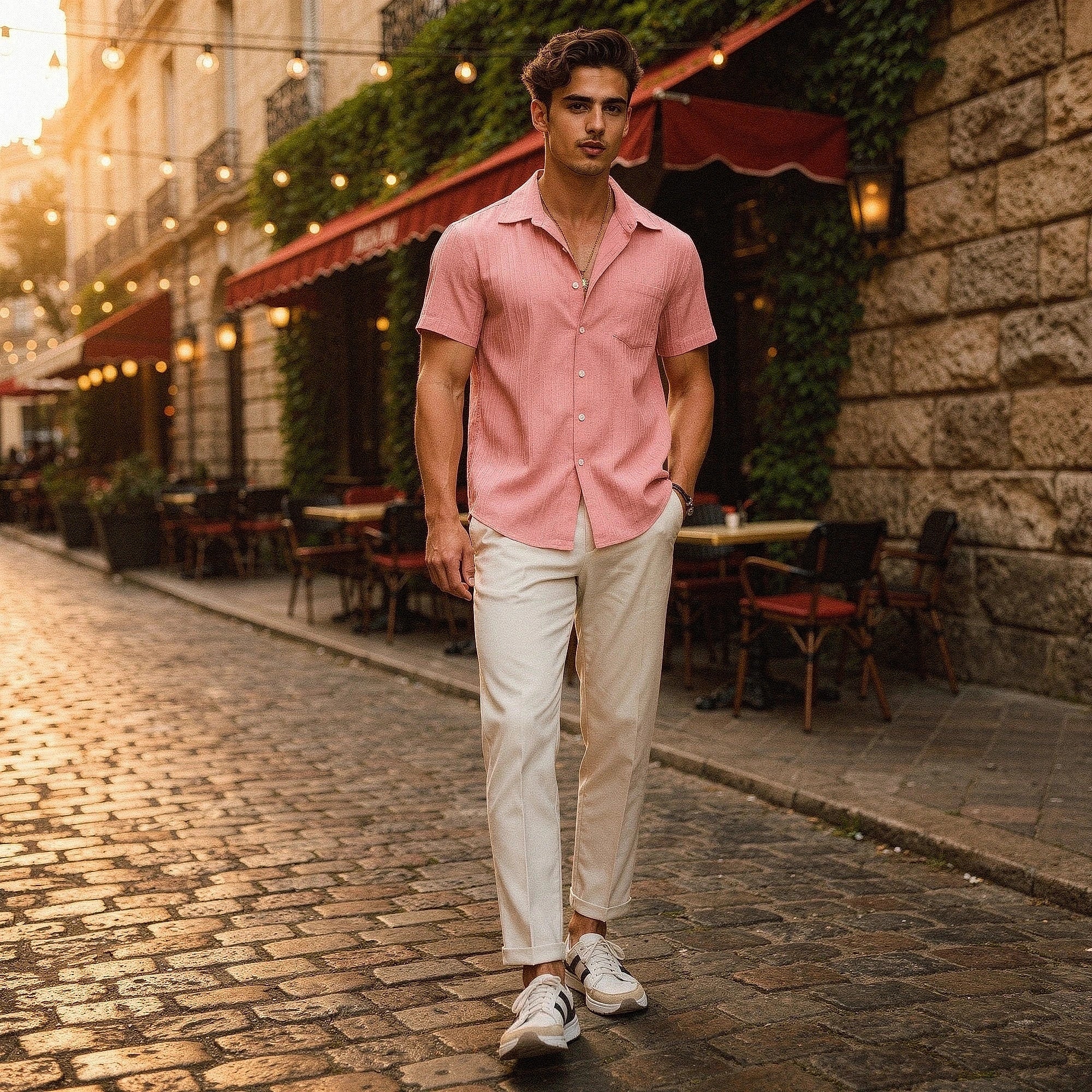 Light beige linen shirt with a relaxed fit, featuring a button down collar and short sleeves, view