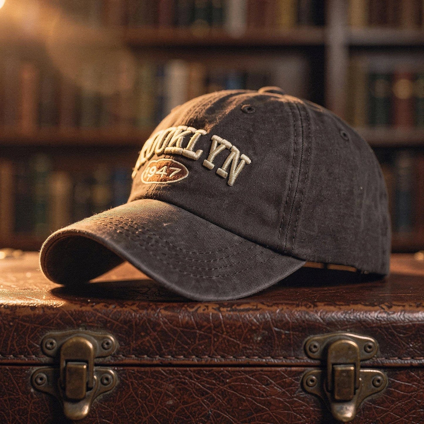 View of a men's casual cap featuring intricate embroidery, made of soft cotton in a muted gray color