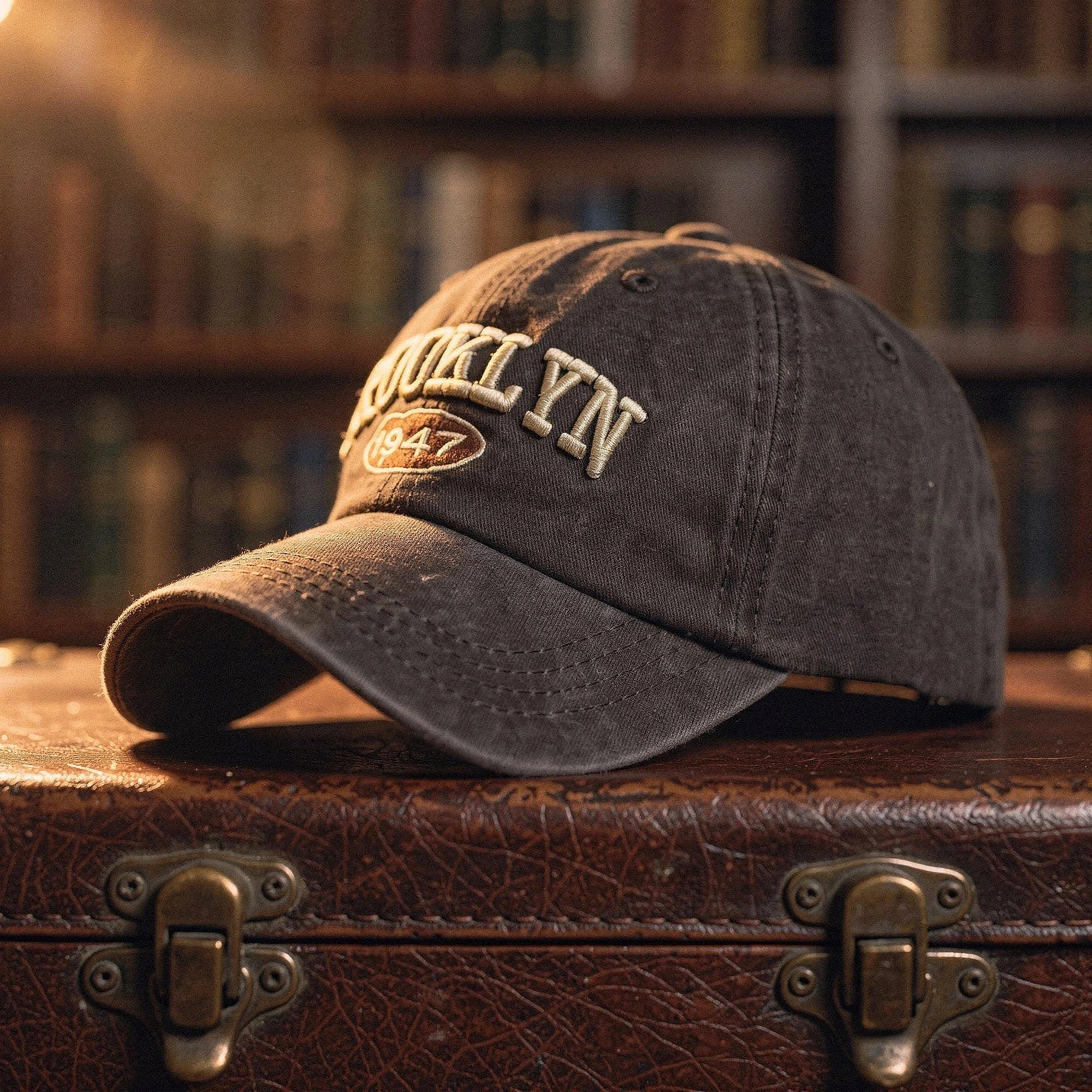 View of a men's casual cap featuring intricate embroidery, made of soft cotton in a muted gray color