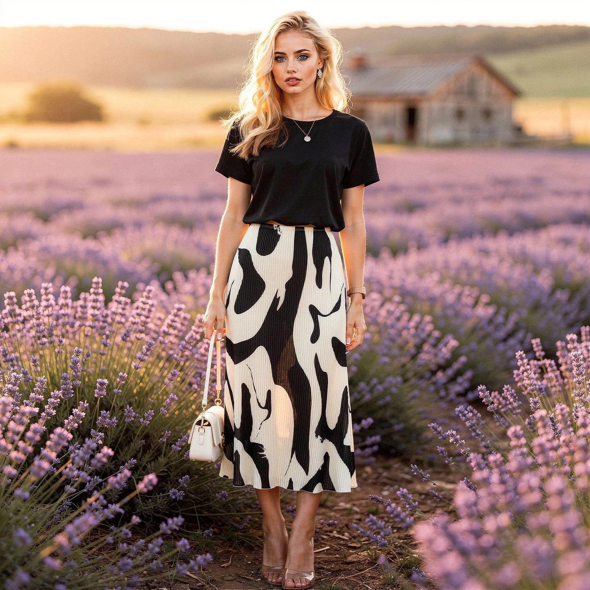 View of a chic pleated midi skirt in rich autumn colors, featuring a comfortable waistband and flowing fabric