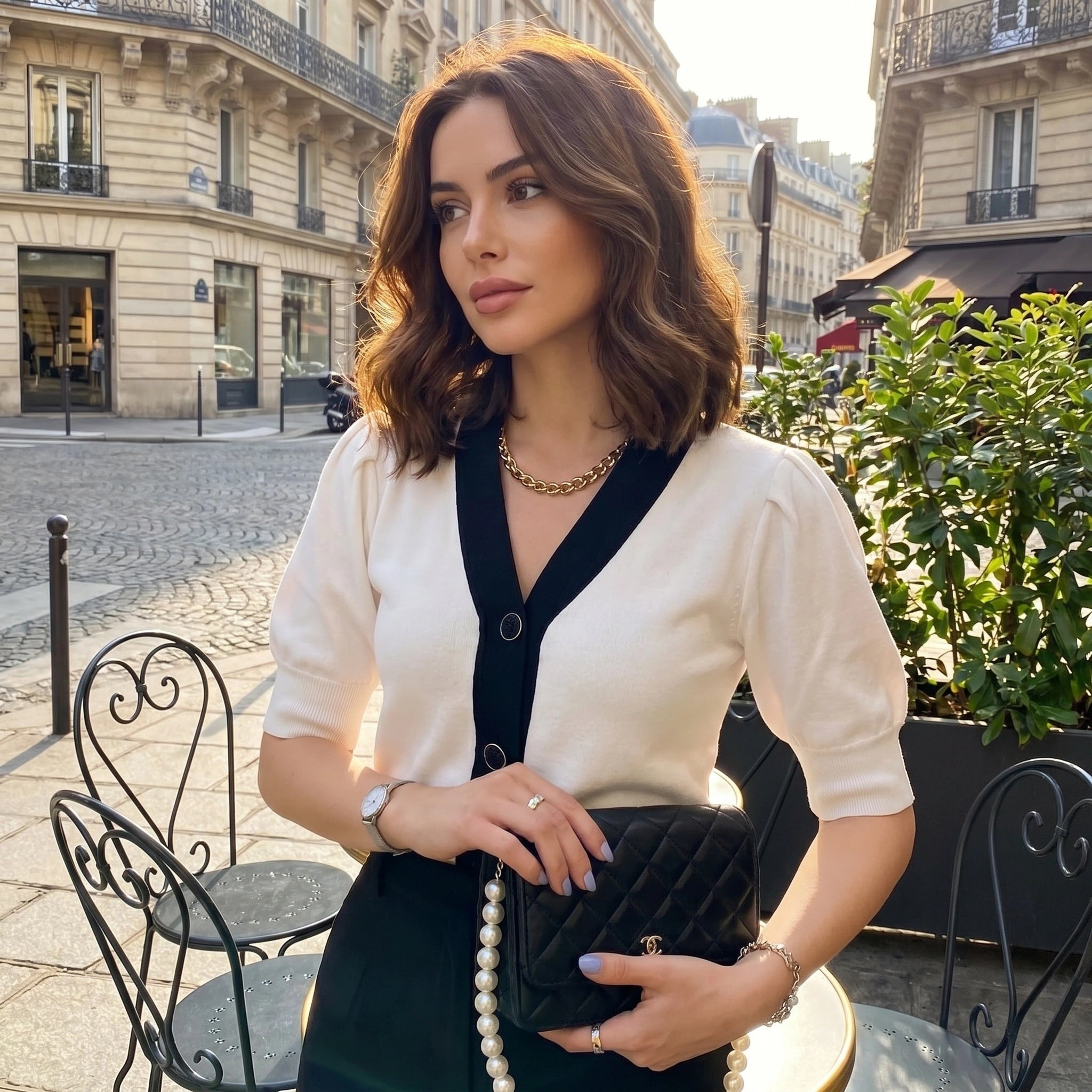 Back view of a model wearing a Womens V Neck Short Sleeve Sweater in One Size, showing the construction and relaxed fit against a neutral background.