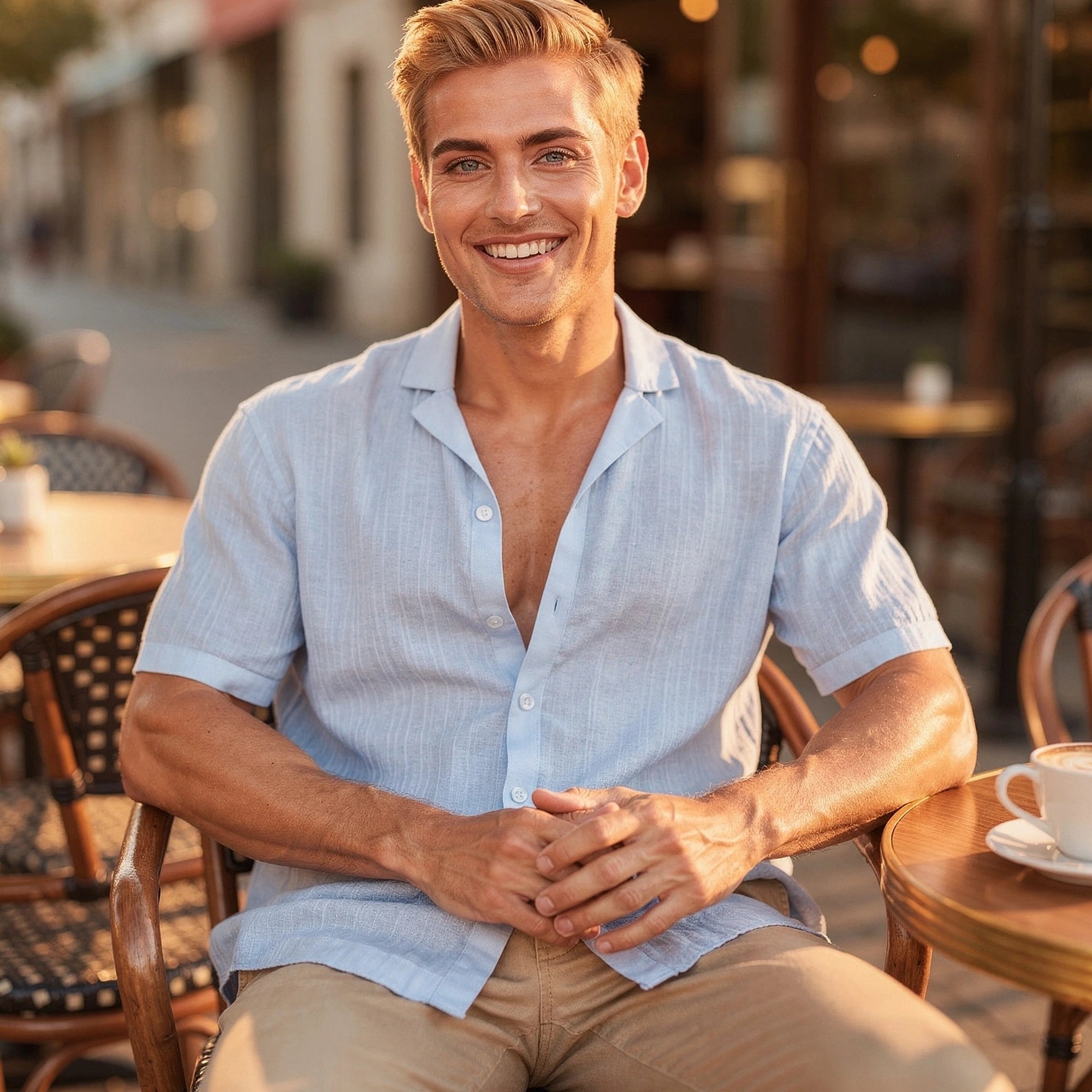 Light blue casual short sleeve button shirt made of soft cotton, featuring a relaxed fit and subtle texture, view