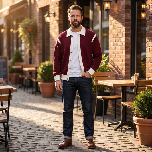 A model showcases the Mens Elevated Sophisticated Jacket in a deep navy color, styled with tailored trousers against a minimalist backdrop.