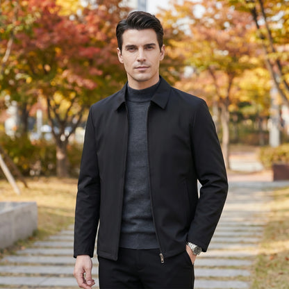 Close up view of the Men's Cozy Winter Jacket showing its soft fabric texture and refined stitching details against a neutral background.