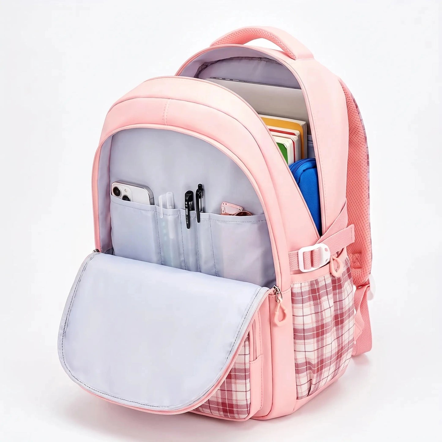 View of a stylish checkered school backpack featuring adjustable straps and a padded for comfort