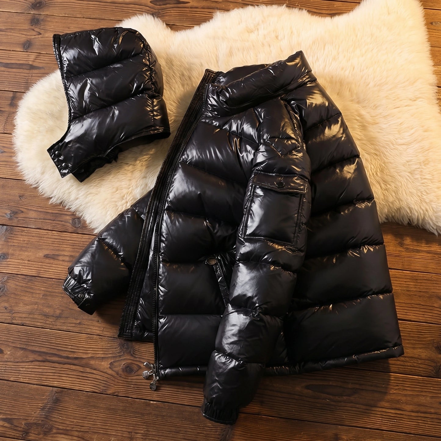 Close up view of the men's warm winter puffer jacket showing its sleek fabric, intricate stitching, and modern design details against a neutral background.