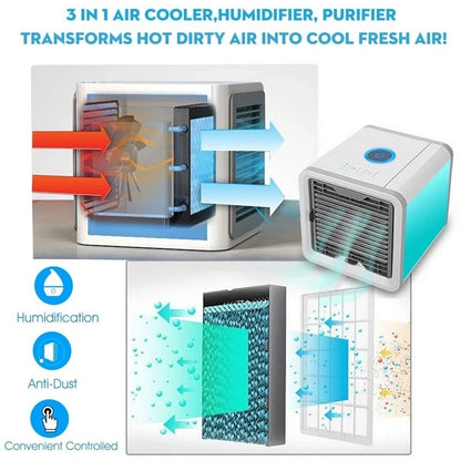 Profile of a compact air cooler showcasing its sleek design and integrated humidifier and purifier features