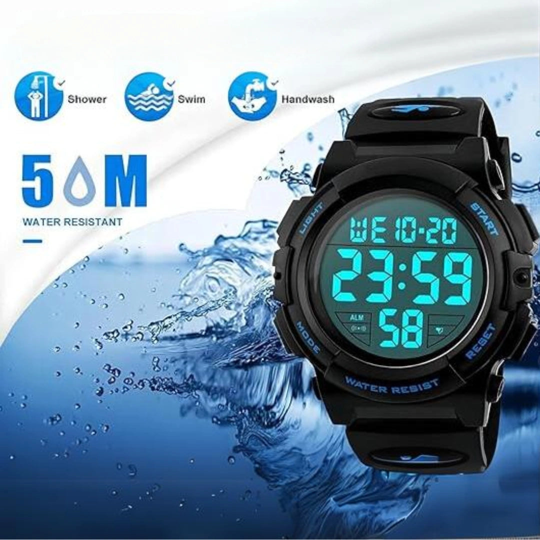 View of a black sports watch featuring a durable rubber strap, digital display, and multiple function buttons