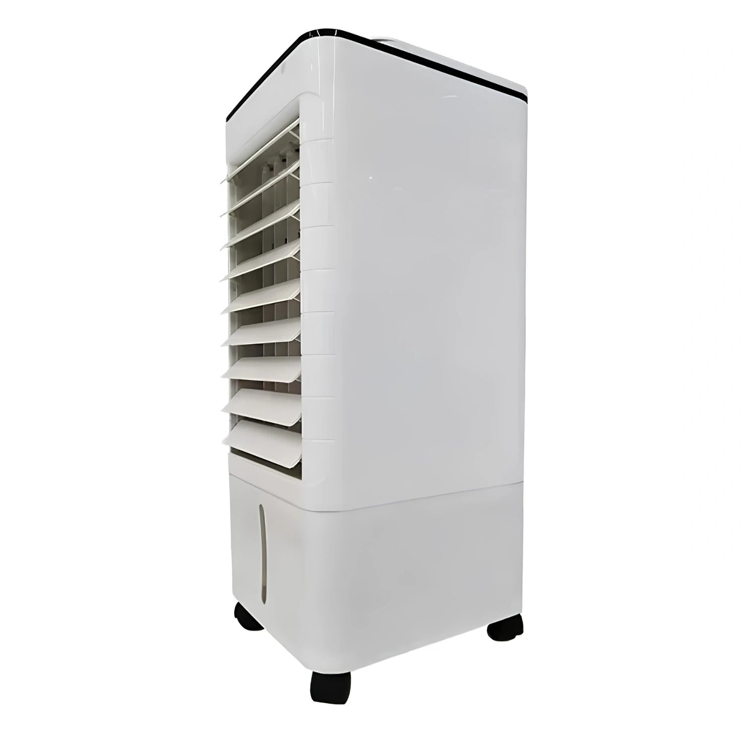 View showcasing the compact design and air vent of the portable cooler, emphasizing its quiet operation for bedroom use