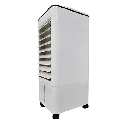 View showcasing the compact design and air vent of the portable cooler, emphasizing its quiet operation for bedroom use