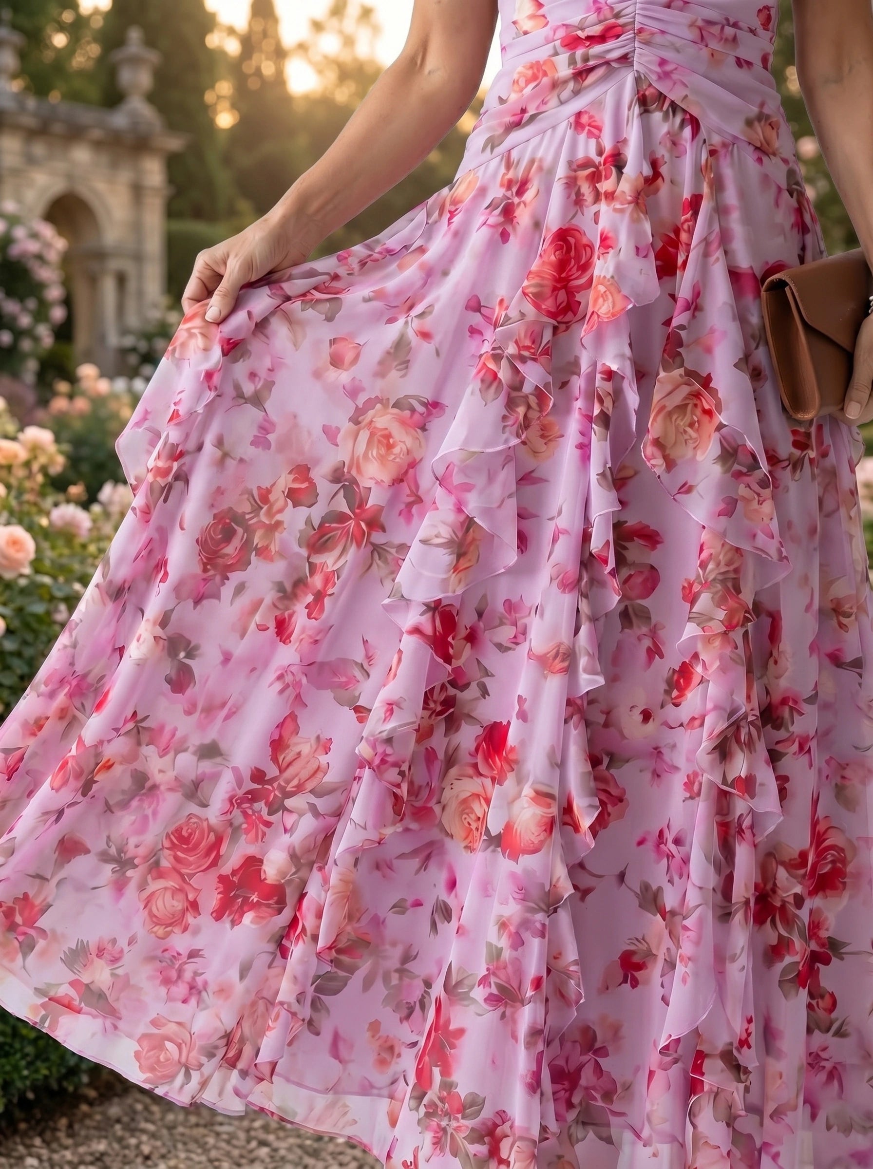 Back view of the Womens Captivating Maxi Dress showing intricate floral patterns, a flowing silhouette, and delicate seam details against a soft, neutral background.