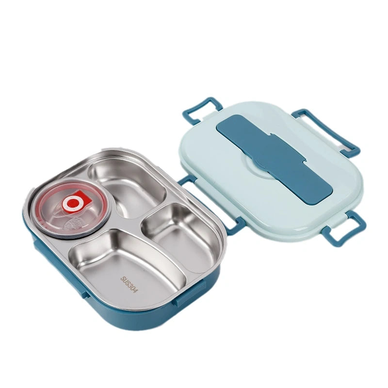 View of a modern stainless steel lunch box featuring a sleek design, durable material, and secure lid for travel