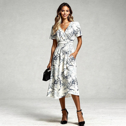 View of a flowing black maxi dress featuring a V neckline and elegant silhouette, made