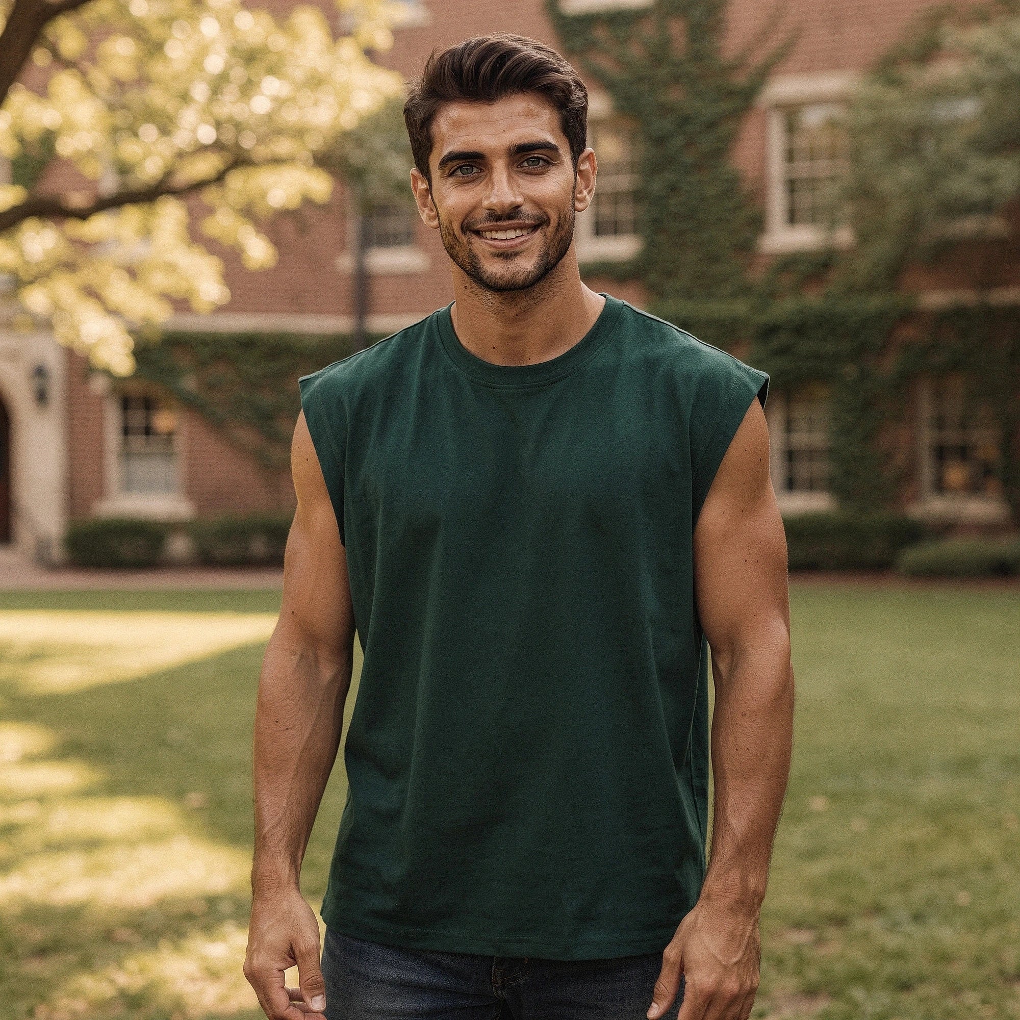 View of a sleek, comfortable summer tank top in light gray, featuring a relaxed fit and soft cotton material