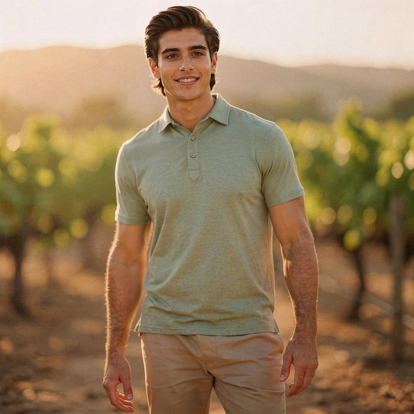 View of a slim fit crew neck polo shirt in light gray, featuring short sleeves and a smooth cotton blend fabric