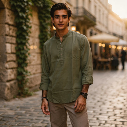 Lightweight summer henley shirt in light gray, featuring a three button placket and short sleeves, view