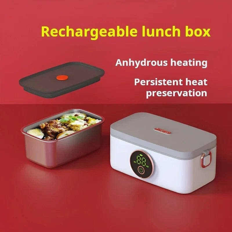View of a sleek portable electric lunchbox in a modern design, featuring a durable exterior and convenient carrying handle