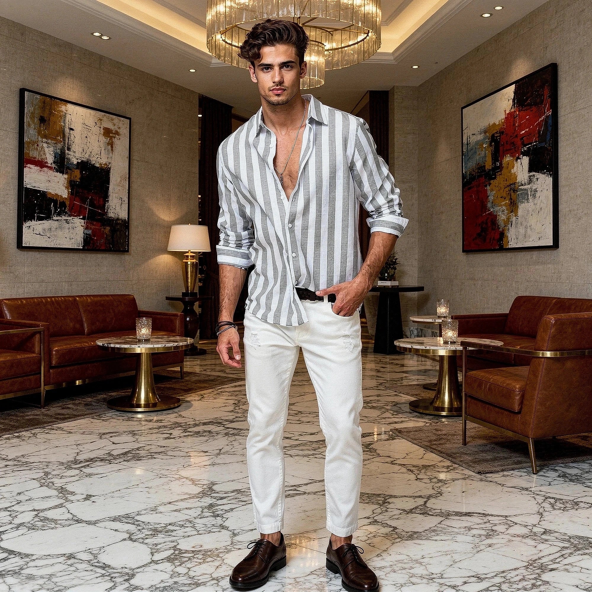 View of a relaxed short sleeve shirt featuring blue and white stripes, made