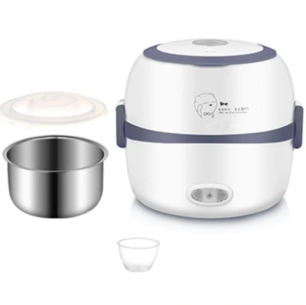 View of a stylish portable electric lunch box steamer in sleek gray, showcasing its compact design and steam vent features