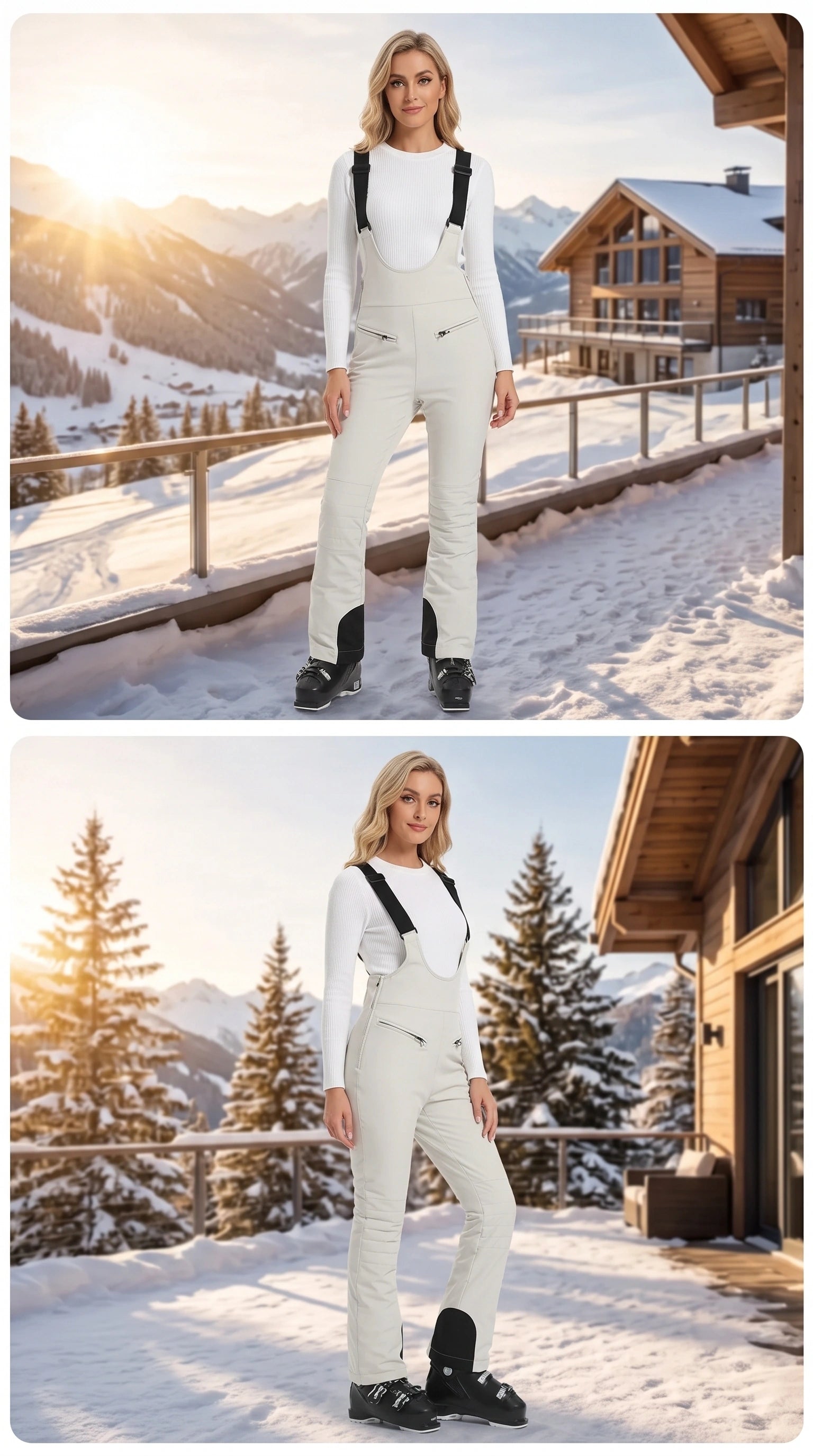 Close up of women's warm waterproof winter ski pants showing the high quality fabric, intricate stitching, and design elements against a snowy backdrop.