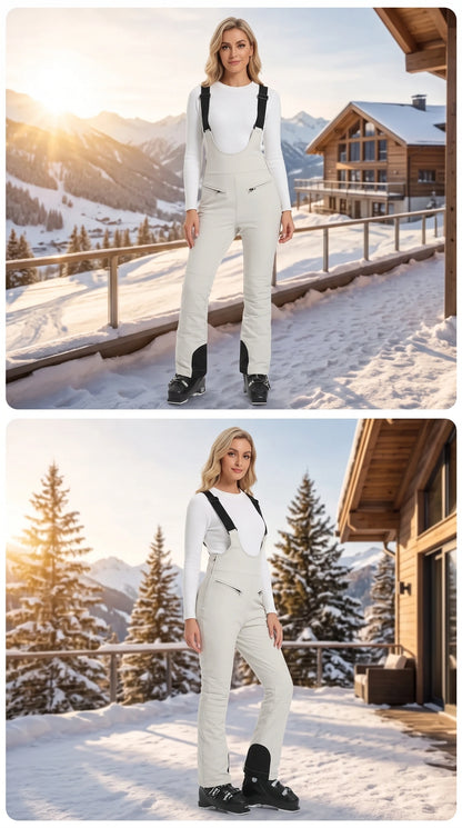 Close up of women's warm waterproof winter ski pants showing the high quality fabric, intricate stitching, and design elements against a snowy backdrop.