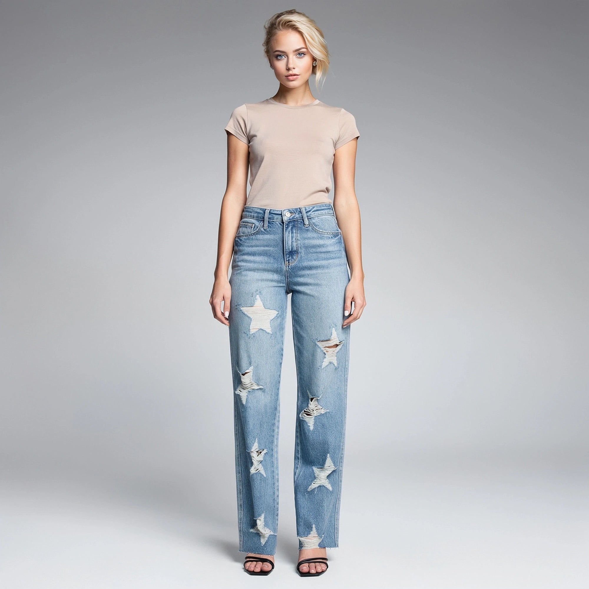 View of high waist rigid straight jeans in light blue denim with a classic five pocket design and minimal stitching