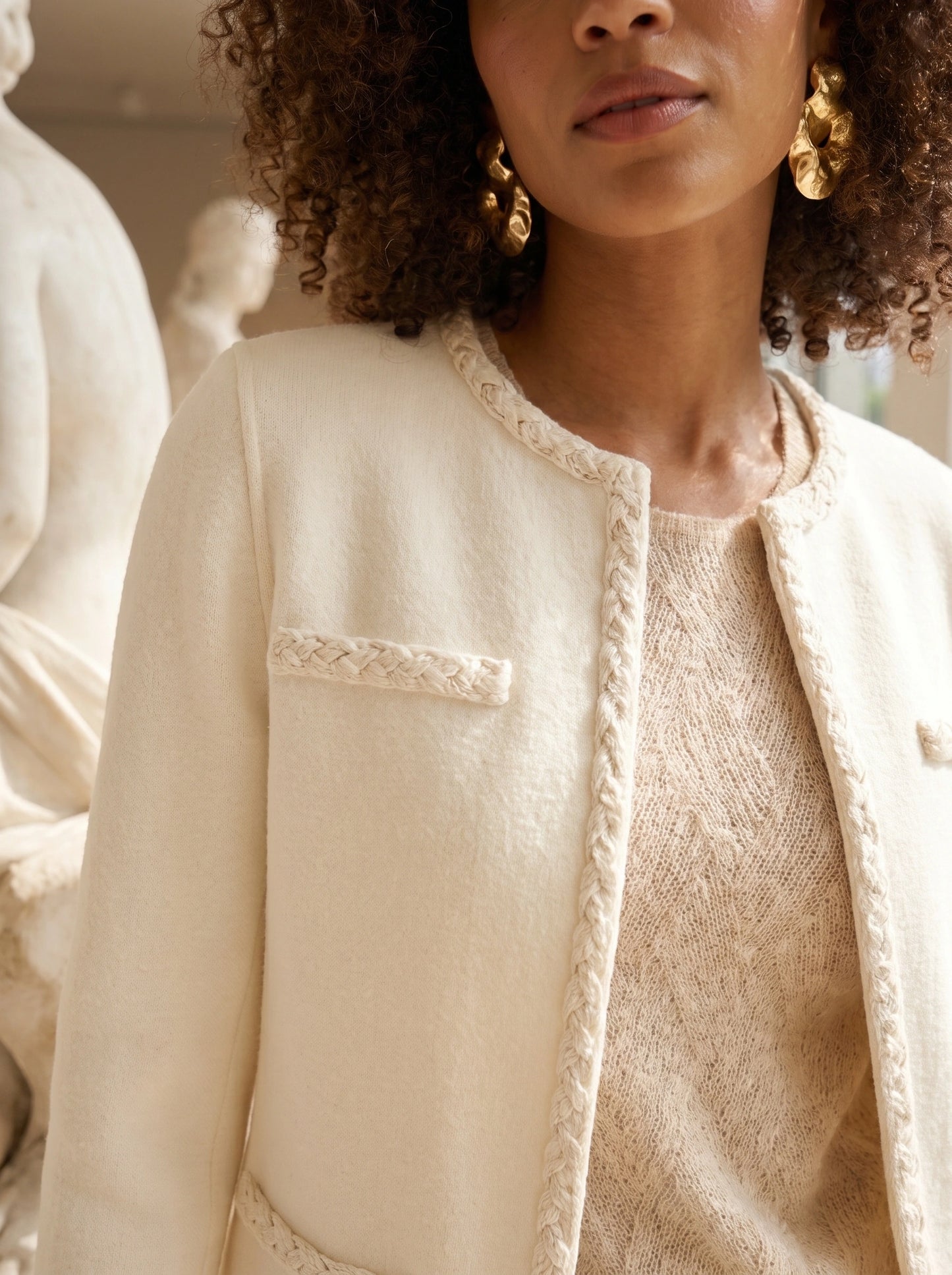 Close up view of the Womens Soft Wool Jacket showing the luxurious fabric texture and intricate stitching details, perfect for elevating everyday style.