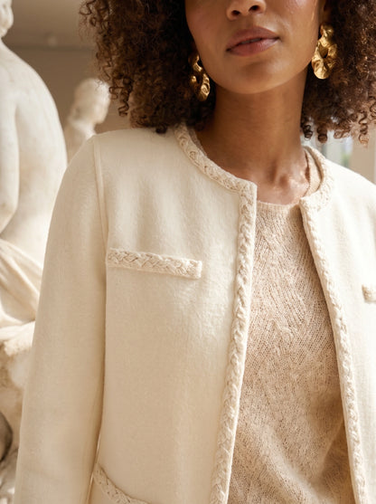 Close up view of the Womens Soft Wool Jacket showing the luxurious fabric texture and intricate stitching details, perfect for elevating everyday style.