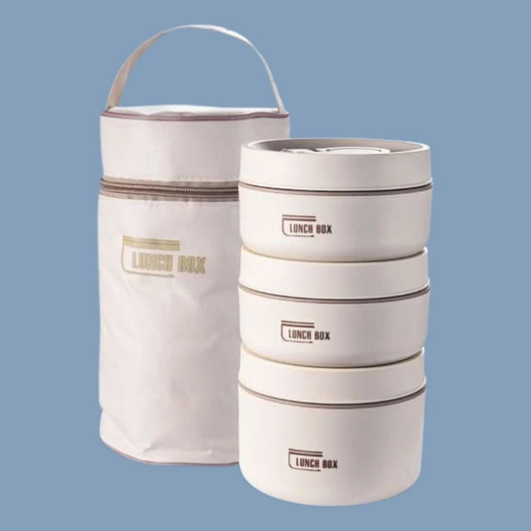View of a chic insulated meal container set in a modern design, featuring a sleek gray exterior and convenient compartments for on the go dining