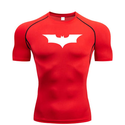 View of a black men's athletic compression running tee, featuring short sleeves and a smooth, stretchy fabric