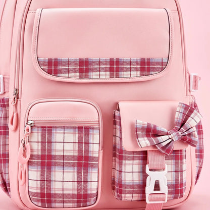 View of a stylish checkered school backpack featuring padded shoulder straps and a spacious compartment