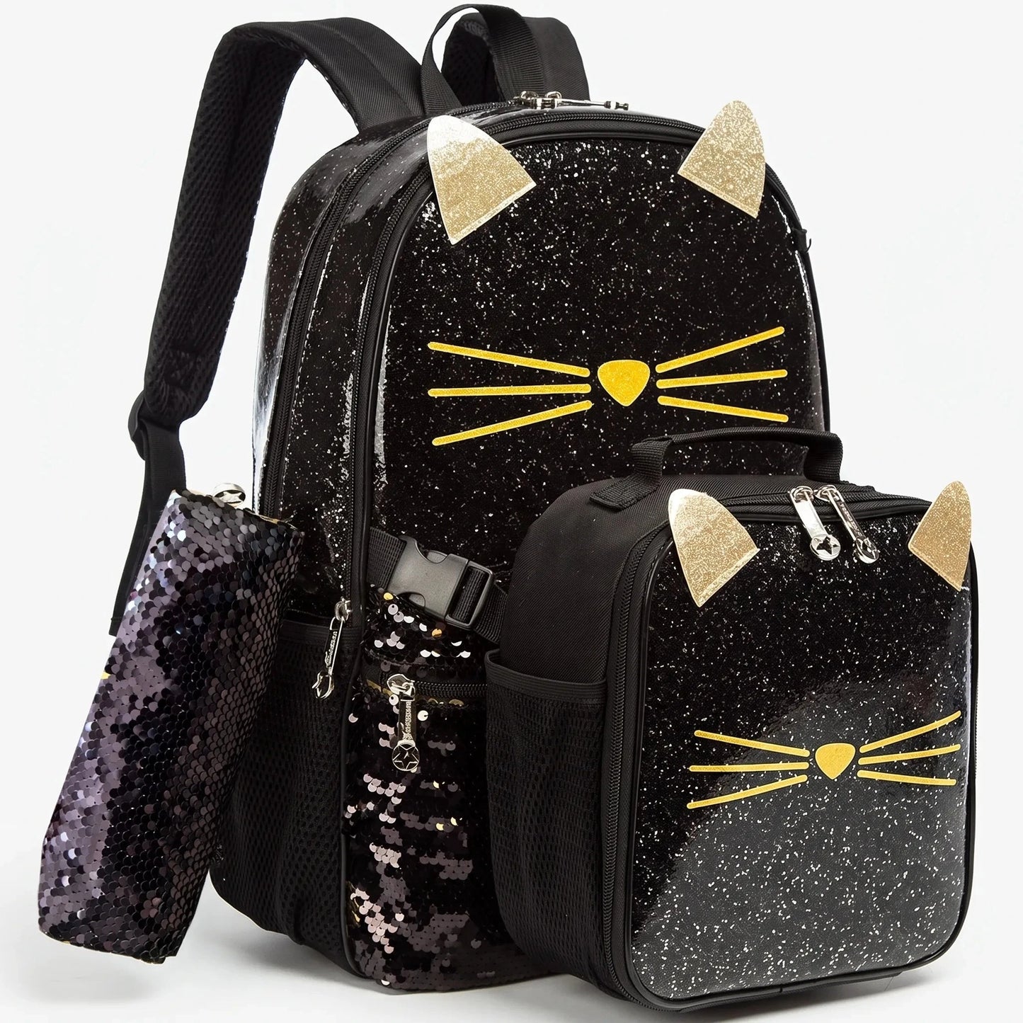 View of a shimmering cat face school backpack featuring playful colors, adjustable straps, and a durable material