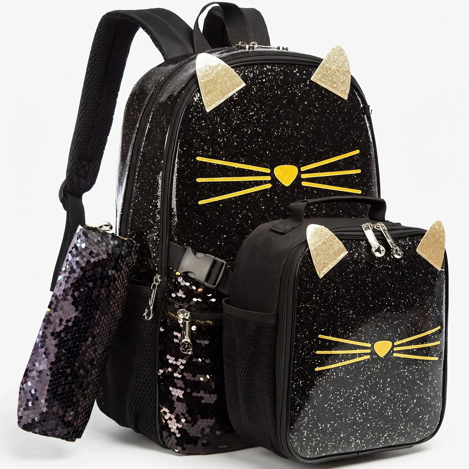 View of a shimmering cat face school backpack featuring playful colors, adjustable straps, and a durable material