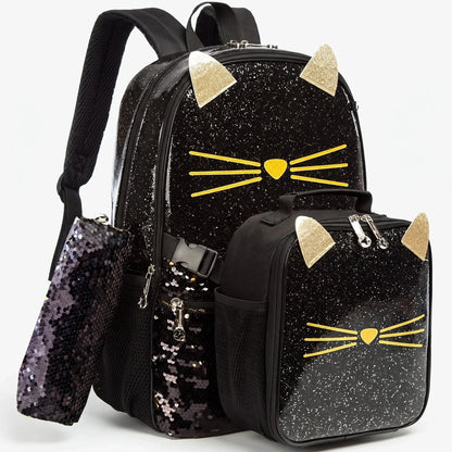 View of a shimmering cat face school backpack featuring playful colors, adjustable straps, and a durable material