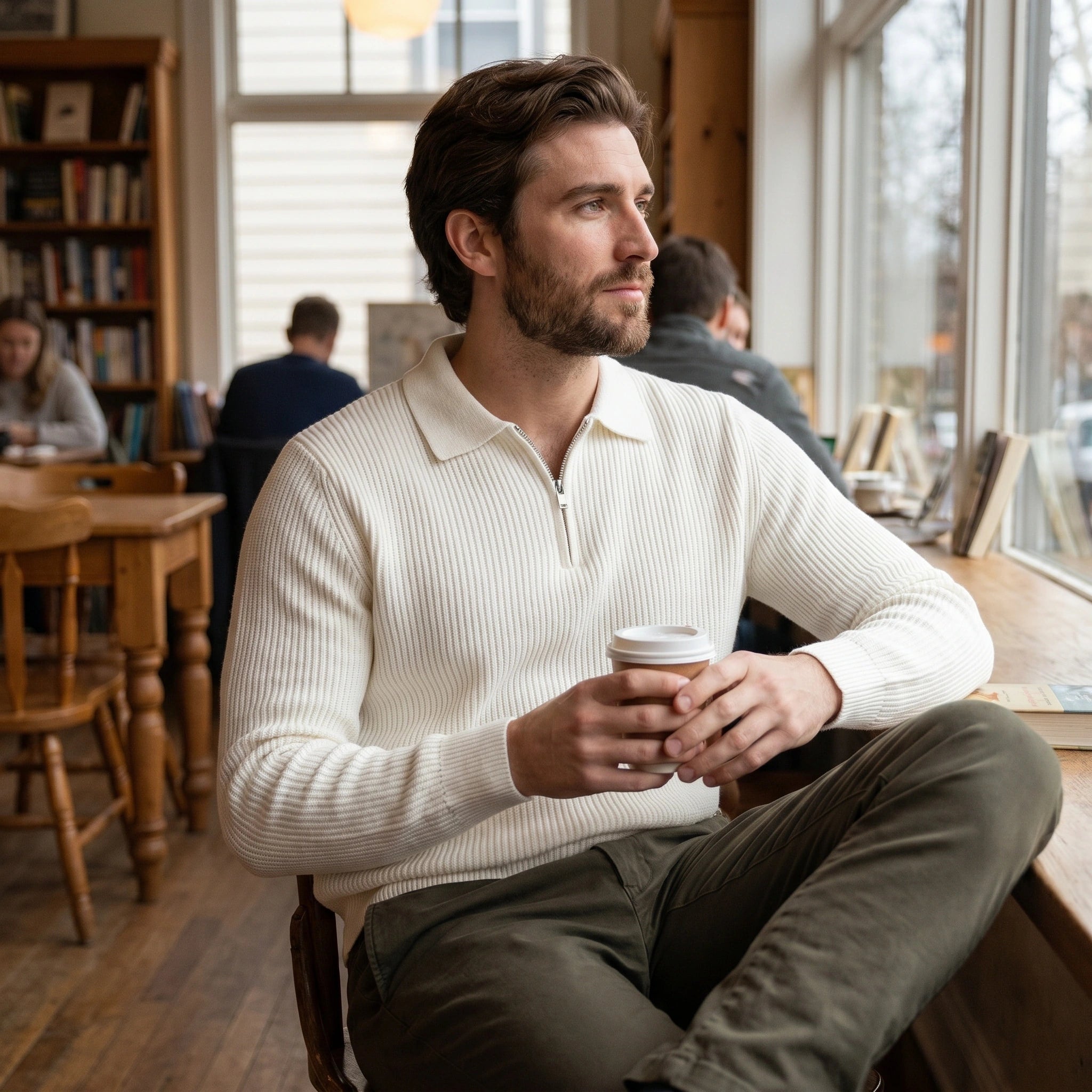 A model showcases a men's relaxed quarter zip sweater with polo collar in navy, styled with tailored chinos against a minimalist backdrop.