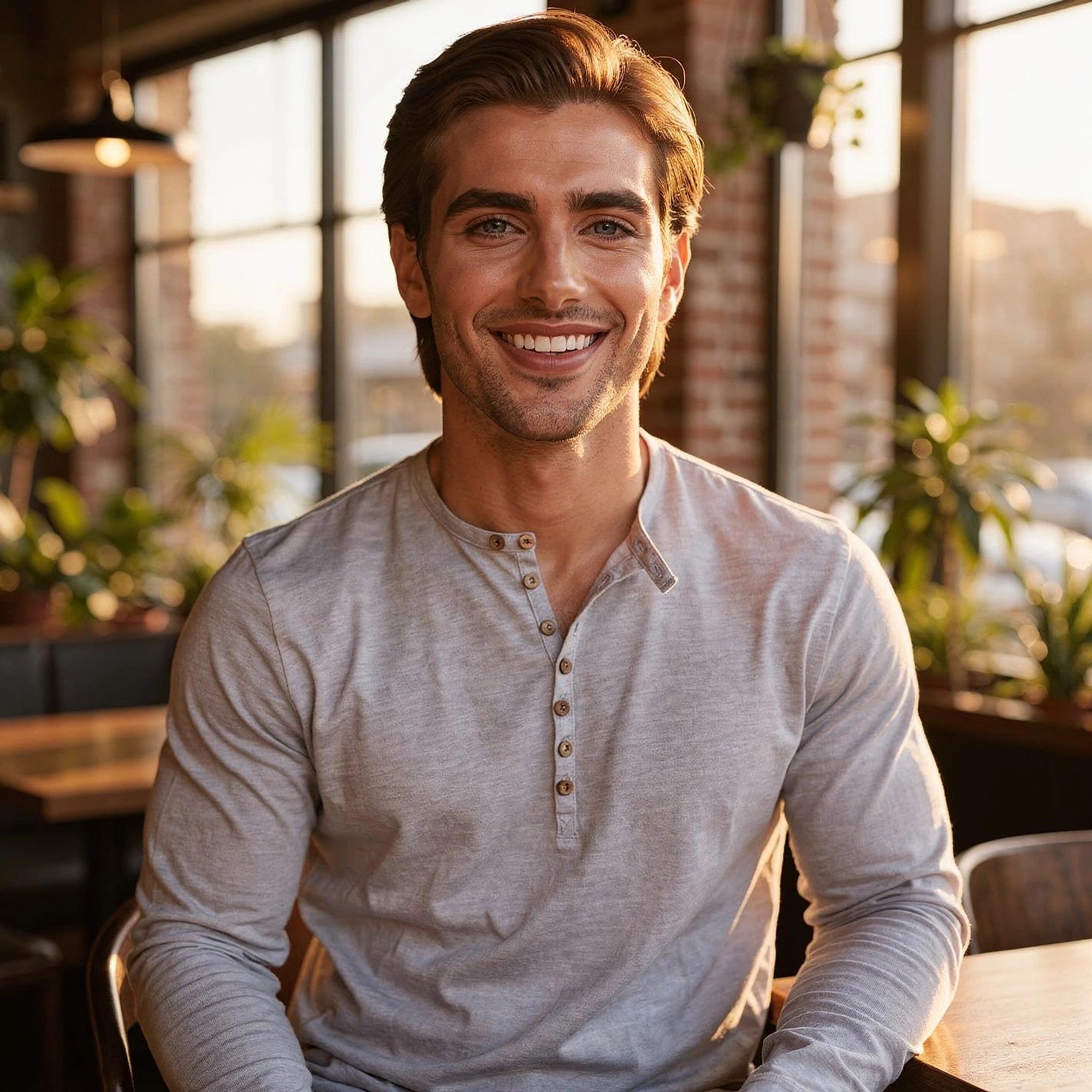 View of a light gray long sleeve henley shirt made from soft cotton, featuring a three button placket and ribbed cuffs
