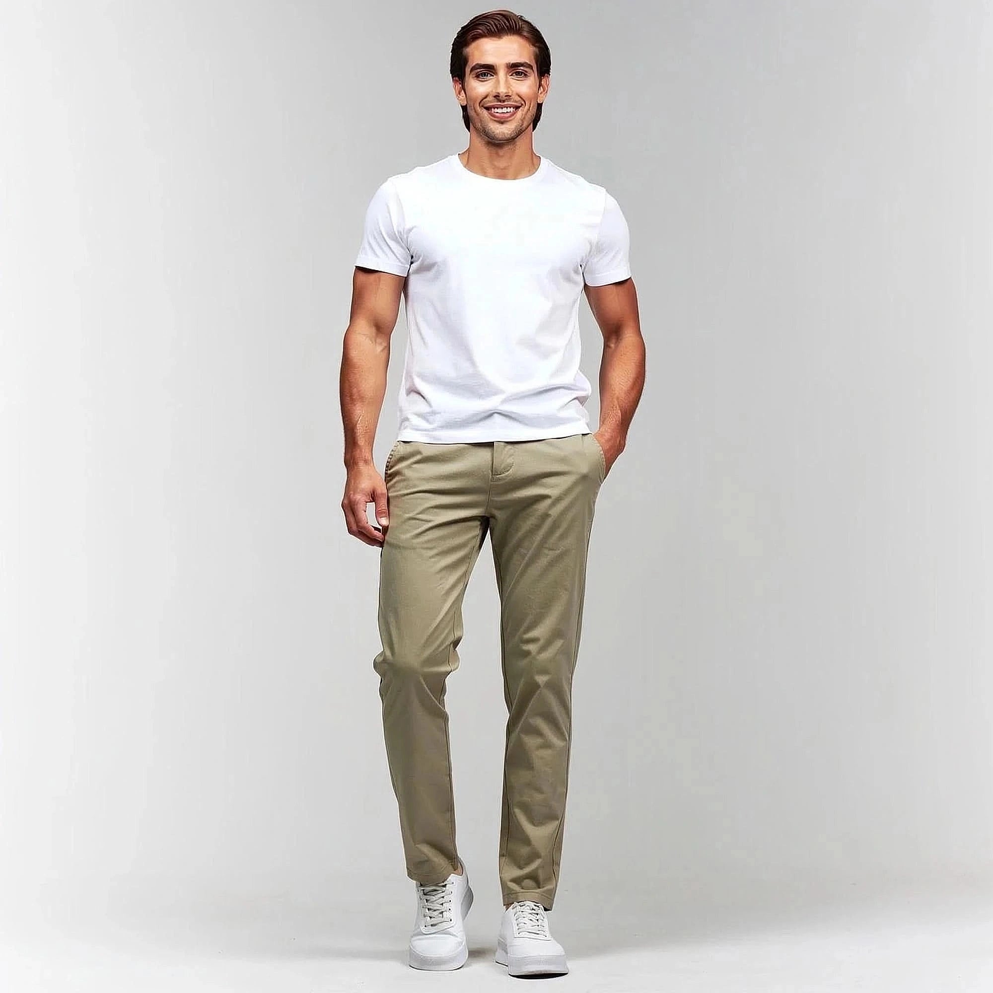 View of slim fit casual cotton pants in light gray, featuring a comfortable waistband and pockets