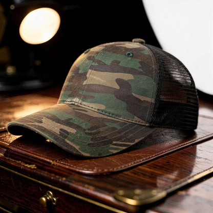 View of a relaxed vintage snapback cap in dark green, featuring a textured fabric and adjustable strap