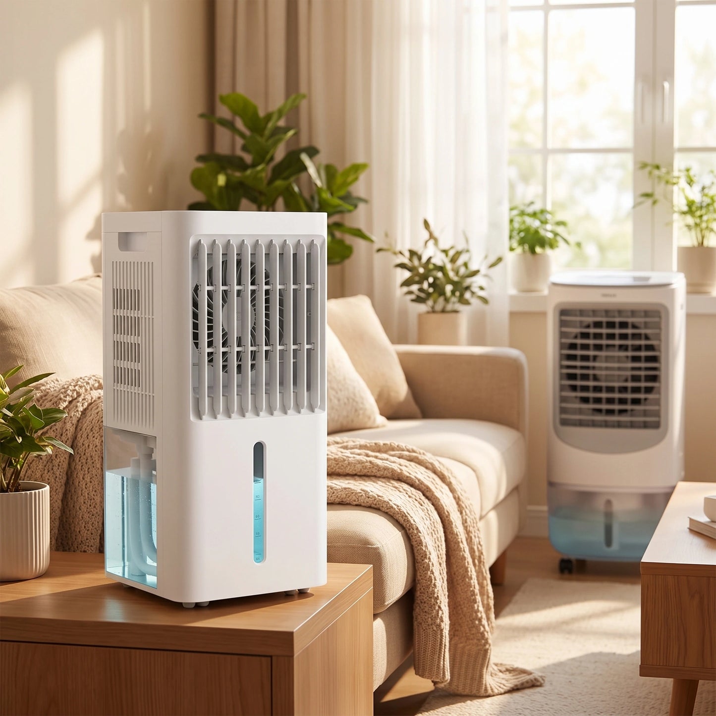 Close up view of the sleek portable evaporative air cooler showing its smooth exterior finish, detailed stitching, and user friendly remote control for convenient operation.