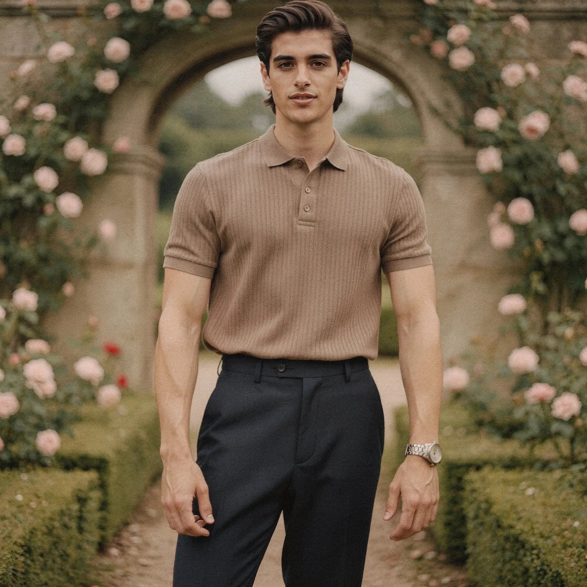 View of a slim fit short sleeve polo t shirt in light blue, made of breathable cotton, ideal for summer sportswear
