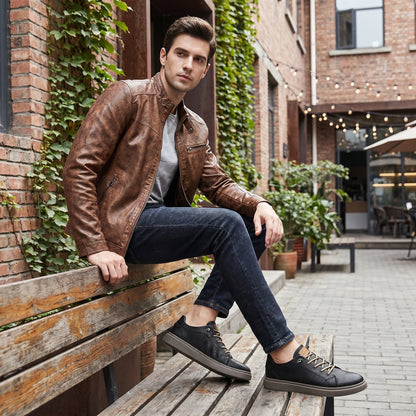 Close up view of the textured fabric and precise stitching of the Mens Effortless Casual Lace Up Shoes, showing their quality and craftsmanship against a neutral background.