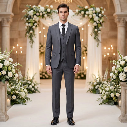 Close up of the men's tailored wedding suit showing the fine stitching and luxurious fabric texture against a neutral background.