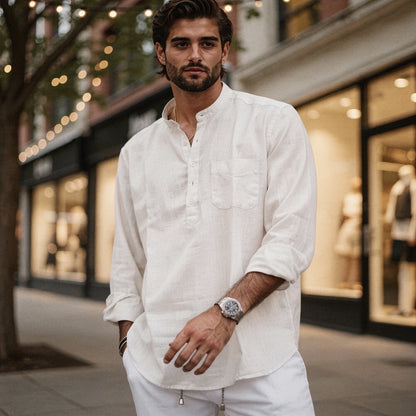 Lightweight summer henley shirt in light gray, featuring a three button placket and short sleeves, detailed view
