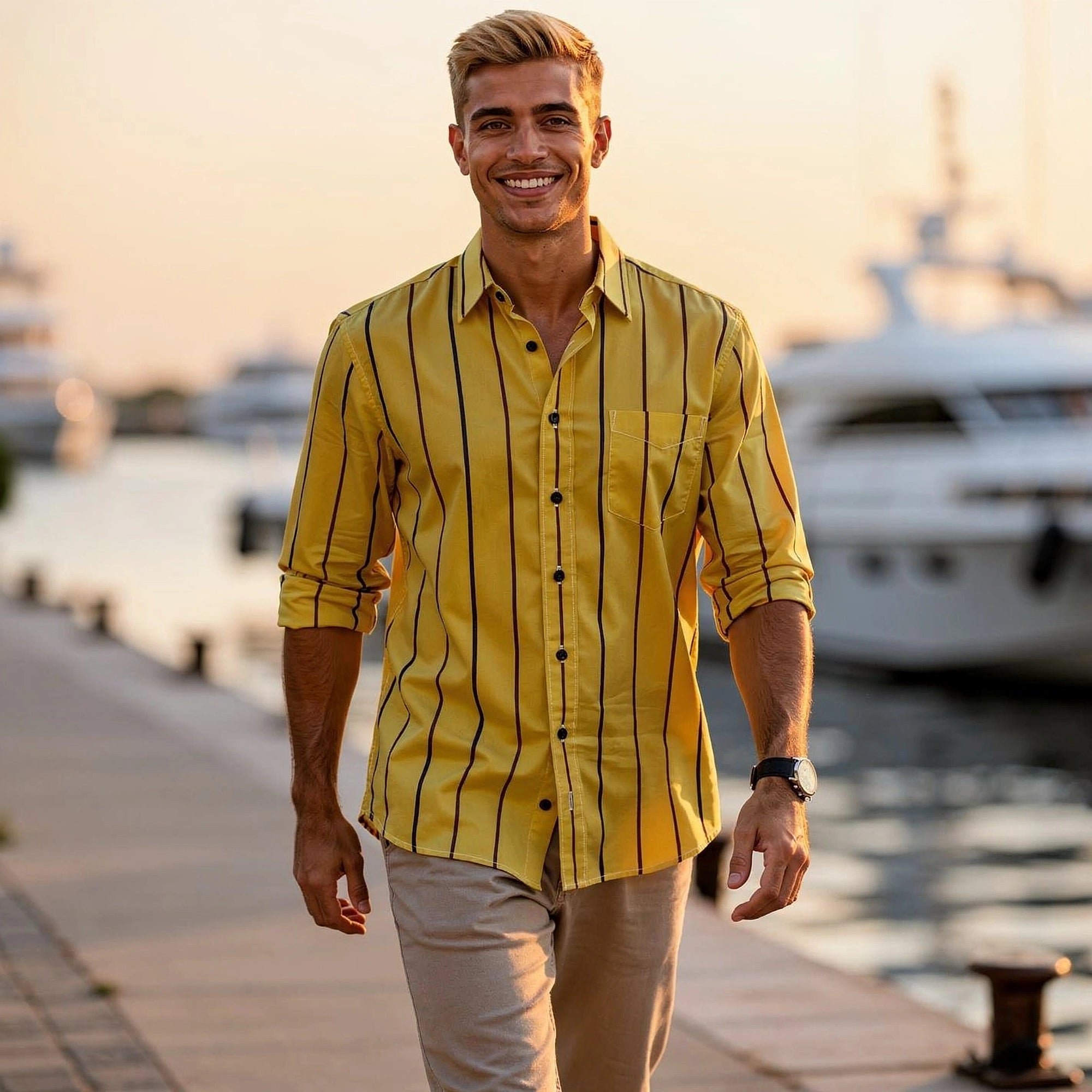 View of a relaxed striped cotton shirt featuring soft fabric in light blue and white, showcasing the collar and button placket