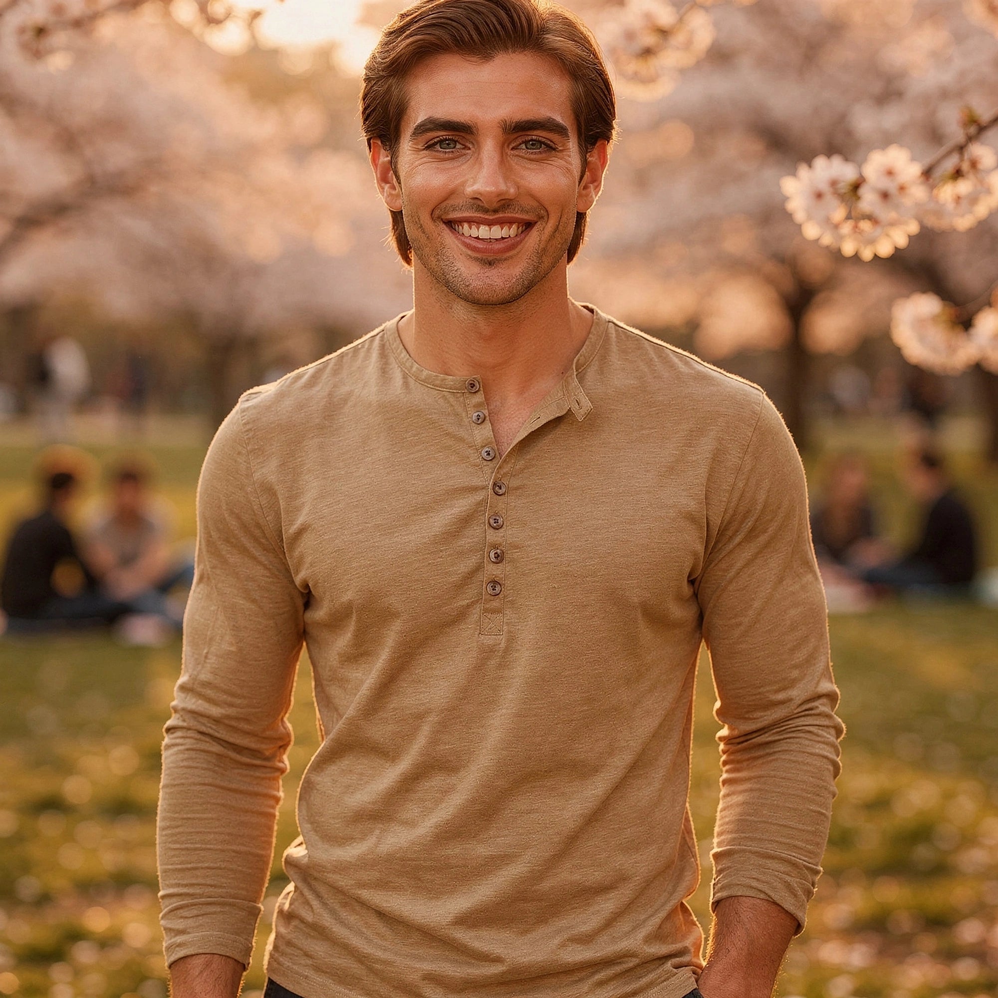 View of a soft cotton long sleeve henley shirt in light gray, featuring a three button placket and ribbed cuffs