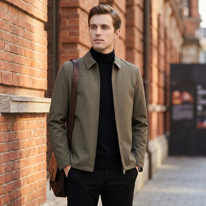 Close up view of the Men's Cozy Winter Jacket showing its luxurious fabric, intricate stitching, and refined details against a neutral background.